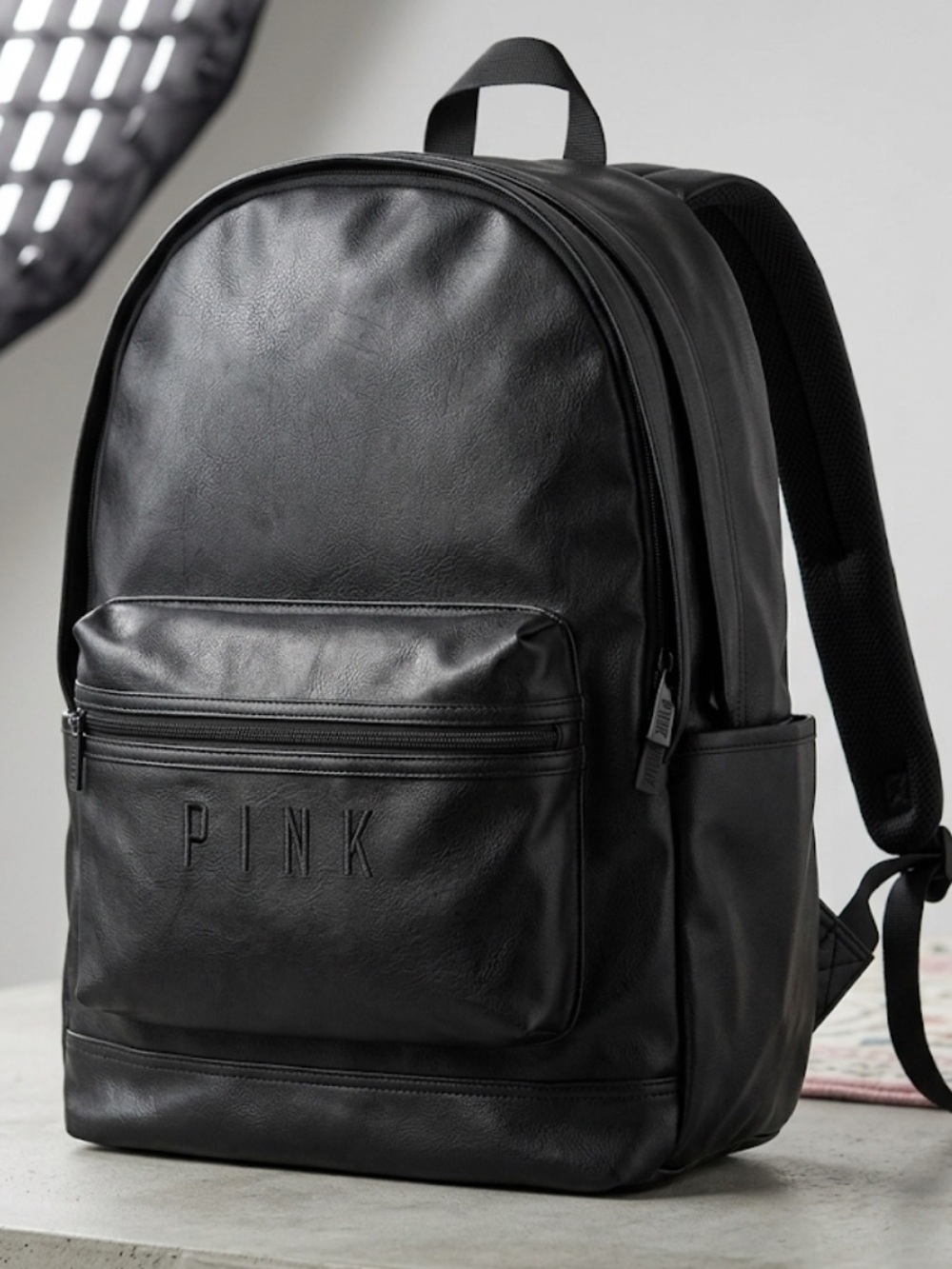 PINK Victoria's Secret Unisex Black Faux Leather Backpack Multi Compartment